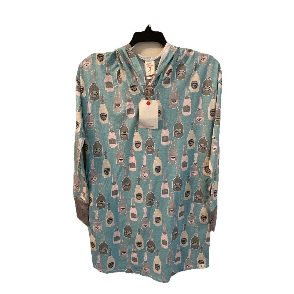 Munki Munki Nightgown Hoodie Blue‎ Size S AOP Champagne Bottles NWT